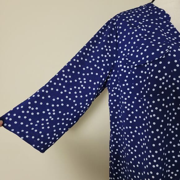Notations L Tunic Top 3/4 Roll Tab Sleeve Stand Up V-Neck Polka Dot bBouse - Picture 7 of 15